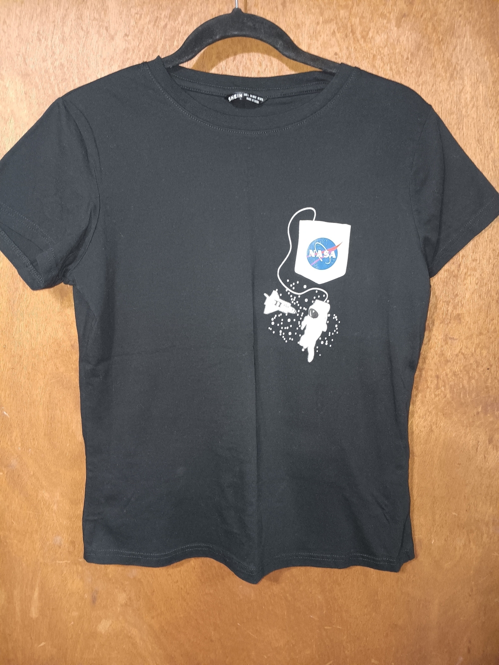 SHEIN Black Tee with White Astronaut & Blue NASA Patch Graphic